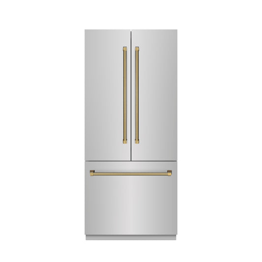 ZLINE 36 in. French Door Built-In Bottom Freezer Refrigerator 19.6 Cu. Ft. with Water Dispenser, Ice Maker, Stainless Steel Interior, Polished Gold Helix Handles (SRBIVZ-30436KG)