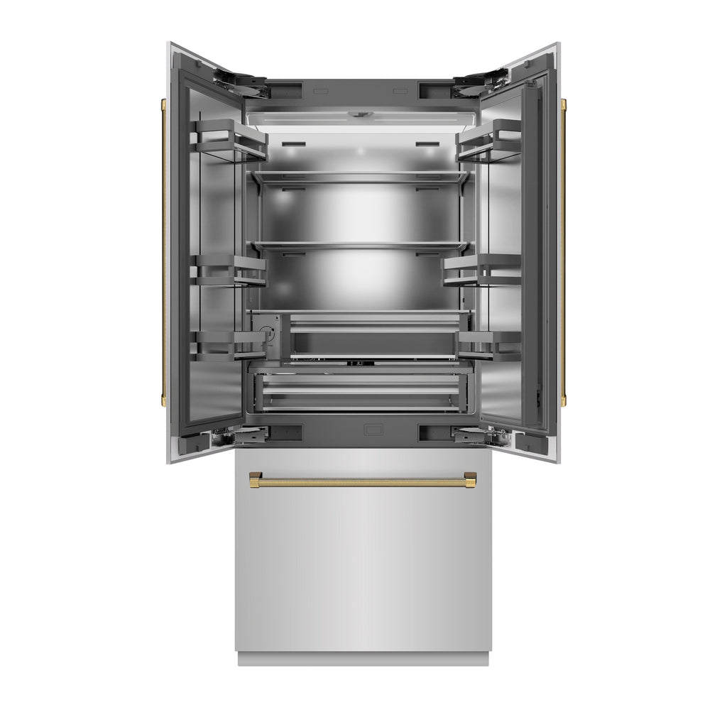 ZLINE 36 in. French Door Built-In Bottom Freezer Refrigerator 19.6 Cu. Ft. with Water Dispenser, Ice Maker, Stainless Steel Interior, Polished Gold Helix Handles (SRBIVZ-30436KG)