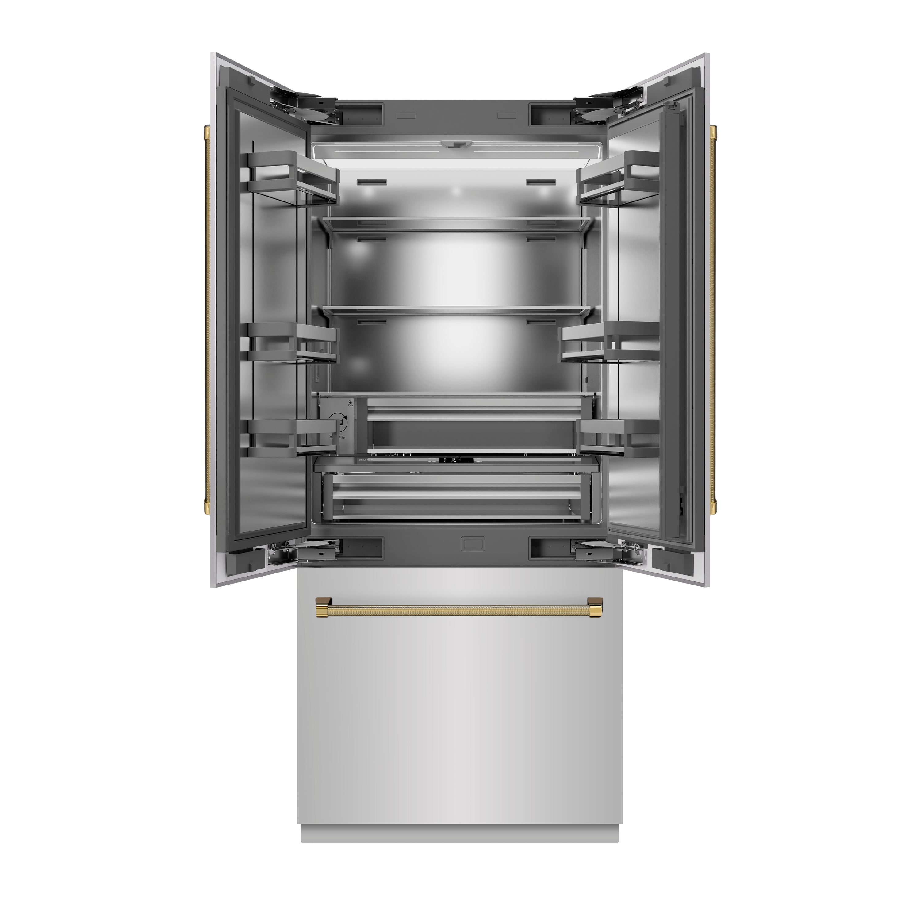 ZLINE 36 in. French Door Built-In Bottom Freezer Refrigerator 19.6 Cu. Ft. with Water Dispenser, Ice Maker, Stainless Steel Interior, Polished Gold Helix Handles (SRBIVZ-30436KG)
