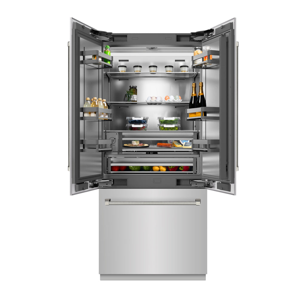 ZLINE 36 in. French Door Built-In Bottom Freezer Refrigerator 19.6 cu. ft. Stainless Steel Interior Water Dispenser Ice Maker Polished Nickel Helix Handles (SRBIVZ-30436KPN)