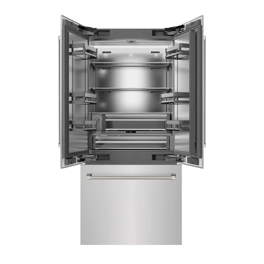 ZLINE 36 in. French Door Built-In Bottom Freezer Refrigerator 19.6 cu. ft. Stainless Steel Interior Water Dispenser Ice Maker Polished Nickel Helix Handles (SRBIVZ-30436KPN)