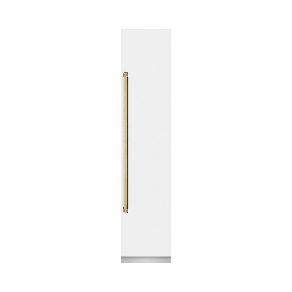 ZLINE Autograph 18" 8.6 cu. ft. Right Hinge Column Freezer in White Matte with Graphite Gray Interior and Polished Gold Accents, RCFVRZ-WM-18-G