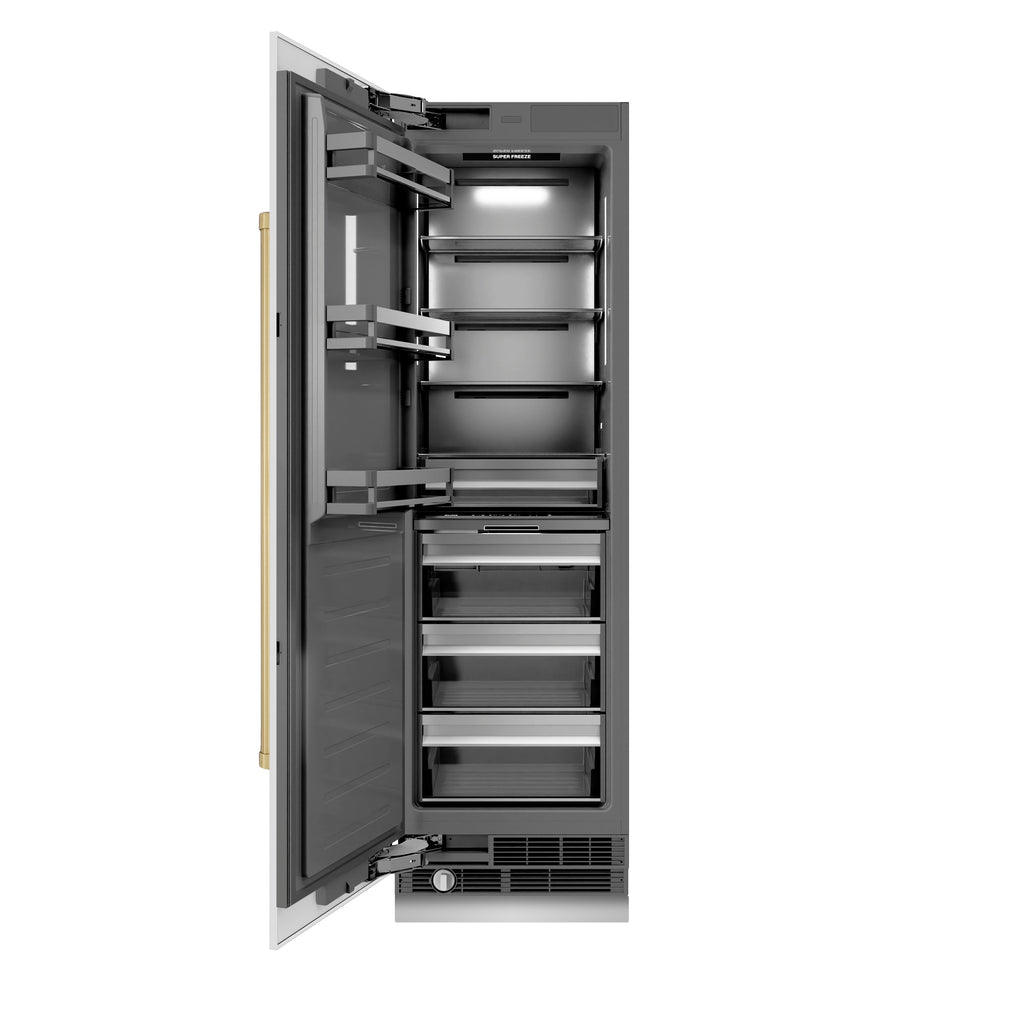 ZLINE Autograph 24" 12.4 cu. ft. Column Freezer in White Matte with Graphite Gray Interior and Champagne Bronze Accents, RCFVZ-WM-24-CB