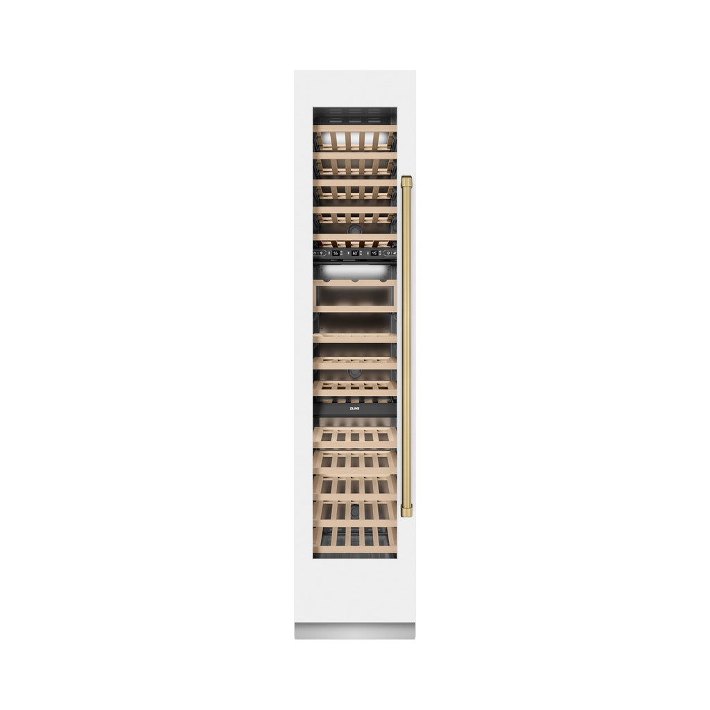ZLINE Autograph 18" 9.0 cu. ft. Triple Zone 68 Bottle Left Hinge Column Wine Cooler in White Matte with Champagne Bronze Accents, RCWVLZ-WM-18-CB