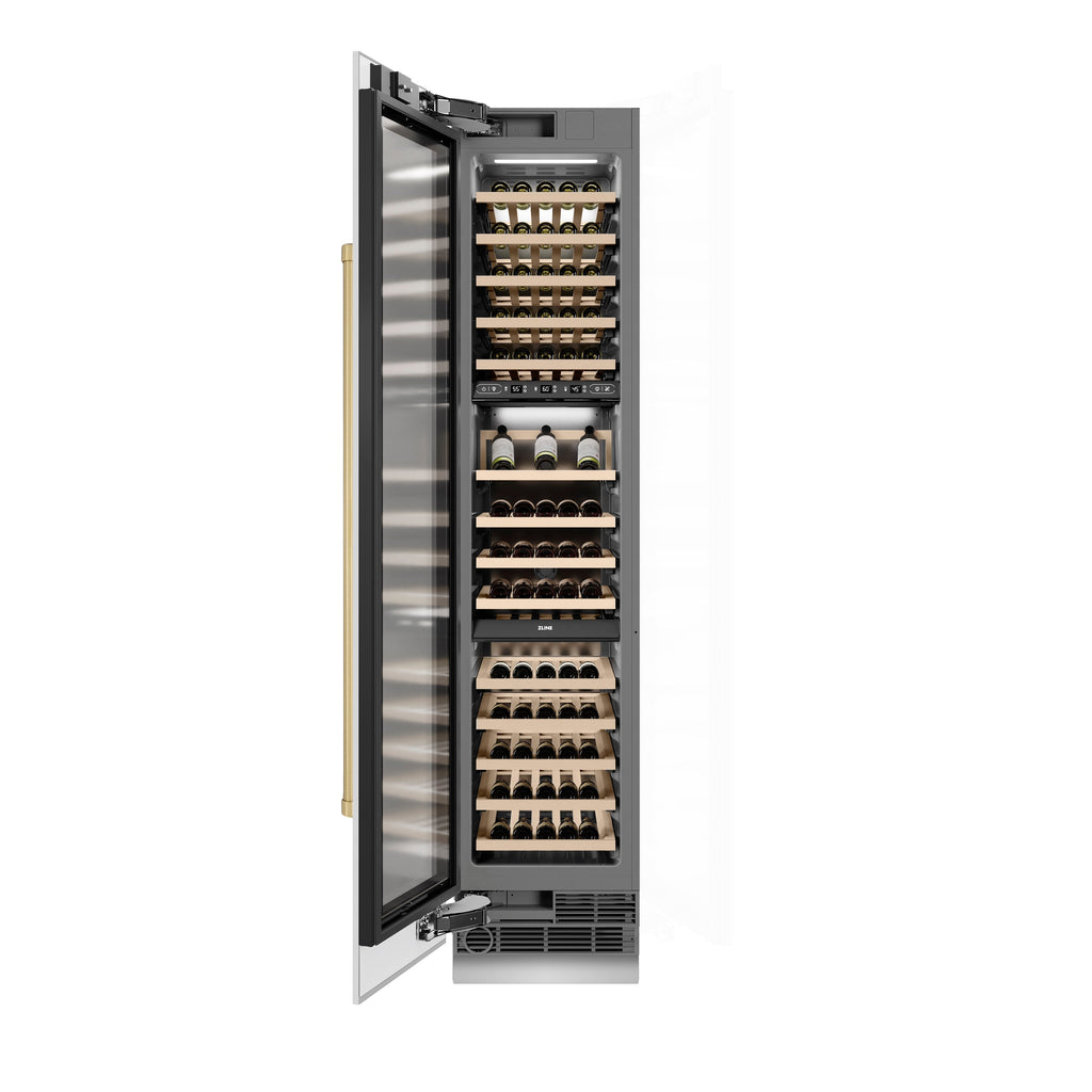 ZLINE Autograph 18" 9.0 cu. ft. Triple Zone 68 Bottle Left Hinge Column Wine Cooler in White Matte with Champagne Bronze Accents, RCWVLZ-WM-18-CB