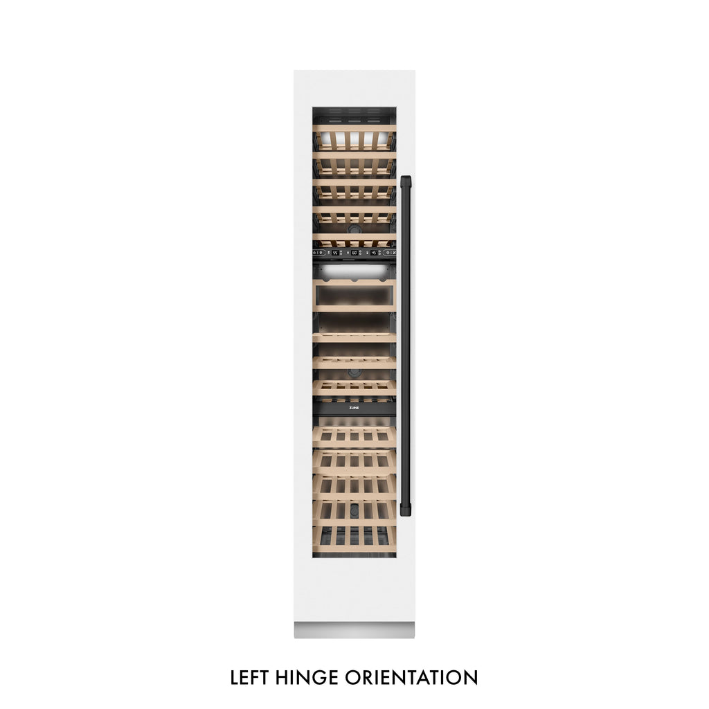 ZLINE Autograph 18" 9.0 cu. ft. Triple Zone 68 Bottle Left Hinge Column Wine Cooler in White Matte with Matte Black Accents, RCWVLZ-WM-18-MB