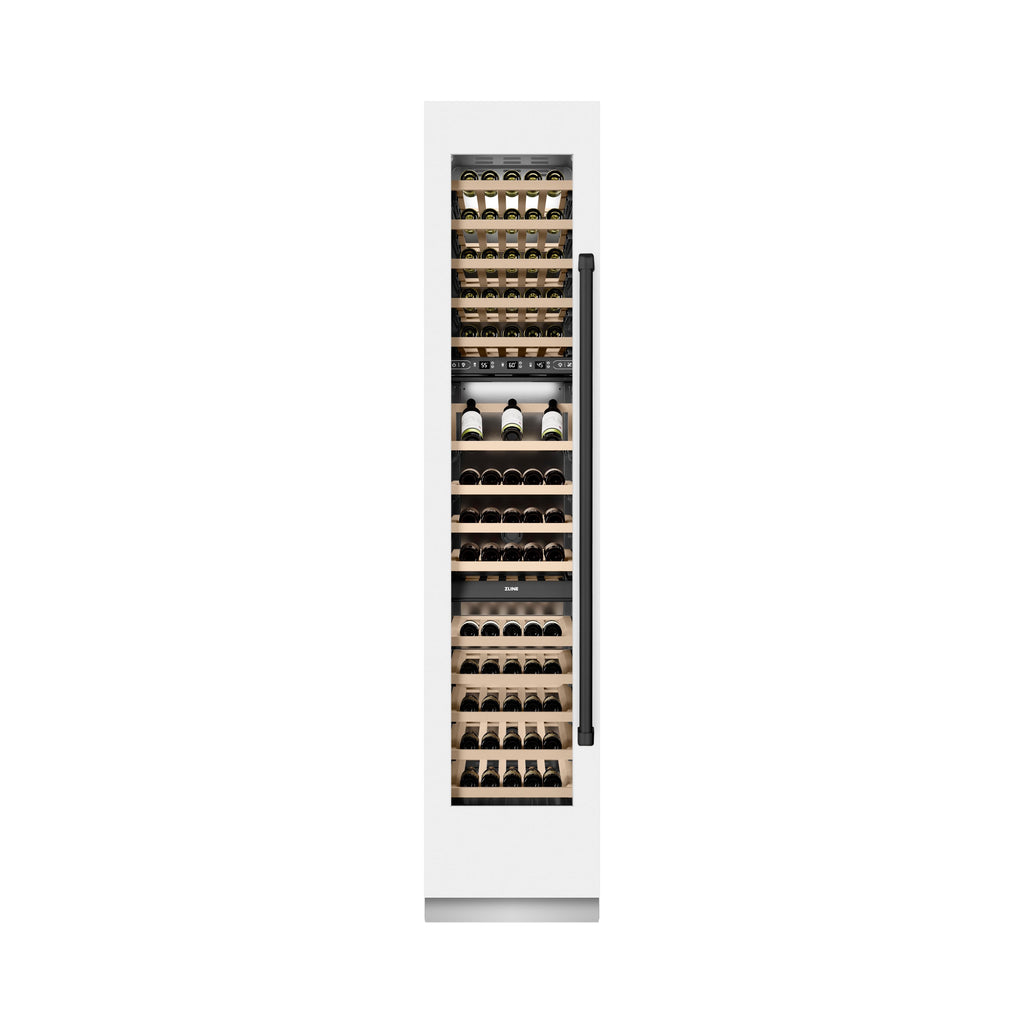 ZLINE Autograph 18" 9.0 cu. ft. Triple Zone 68 Bottle Left Hinge Column Wine Cooler in White Matte with Matte Black Accents, RCWVLZ-WM-18-MB