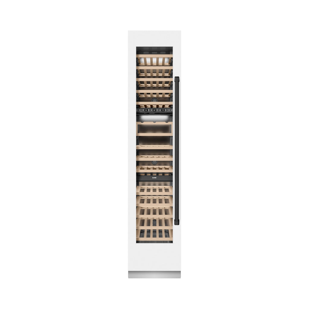 ZLINE Autograph 18" 9.0 cu. ft. Triple Zone 68 Bottle Left Hinge Column Wine Cooler in White Matte with Matte Black Accents, RCWVLZ-WM-18-MB