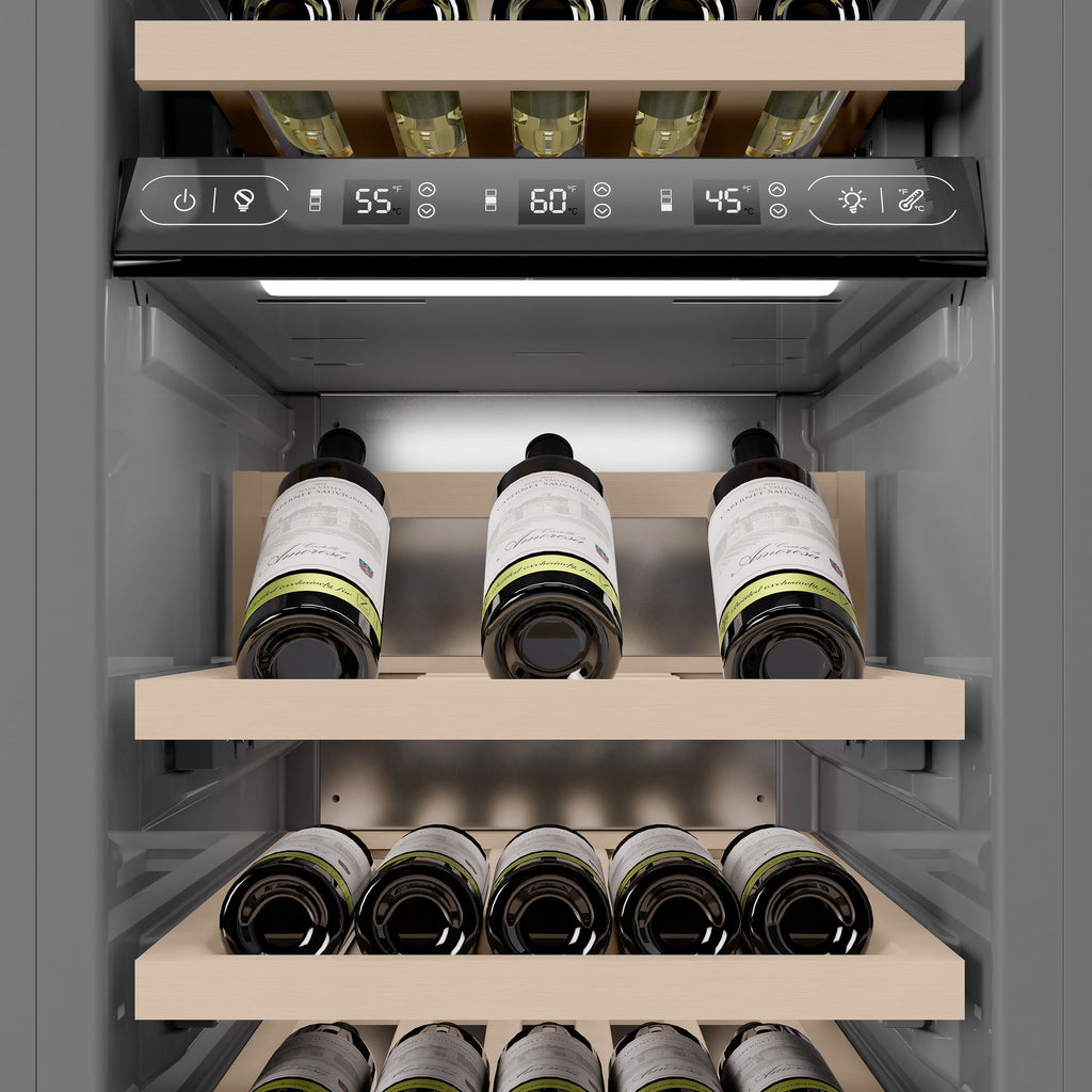 ZLINE Autograph 18" 9.0 cu. ft. Triple Zone 68 Bottle Right Hinge Column Wine Cooler in White Matte with Champagne Bronze Accents, RCWVRZ-WM-18-CB