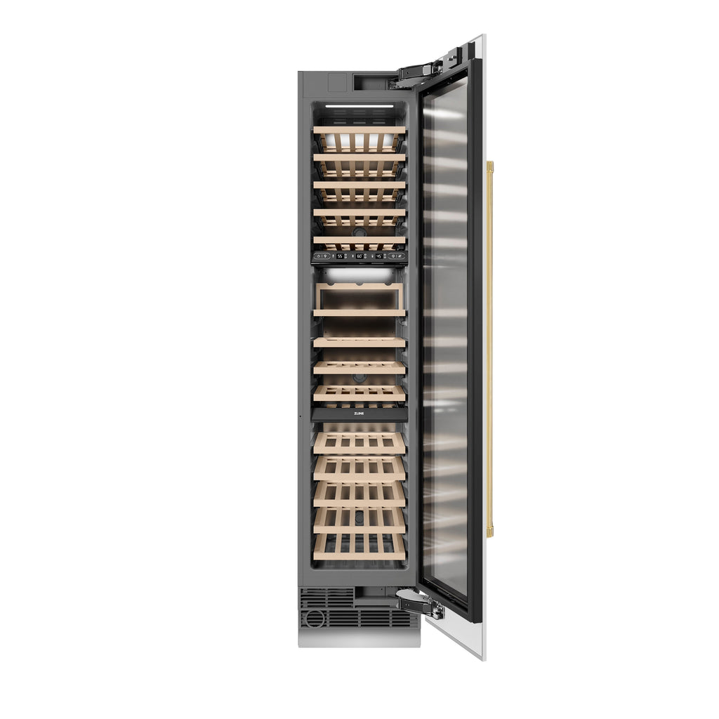 ZLINE Autograph 18" 9.0 cu. ft. Triple Zone 68 Bottle Right Hinge Column Wine Cooler in White Matte with Polished Gold Accents, RCWVRZ-WM-18-G