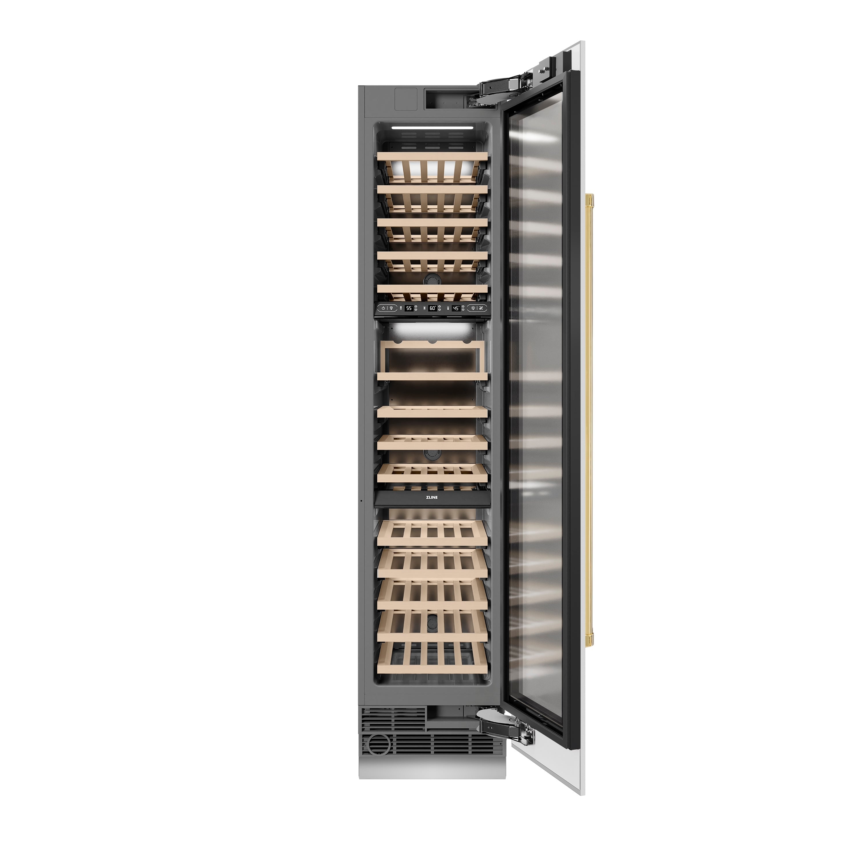 ZLINE Autograph 18" 9.0 cu. ft. Triple Zone 68 Bottle Right Hinge Column Wine Cooler in White Matte with Polished Gold Accents, RCWVRZ-WM-18-G