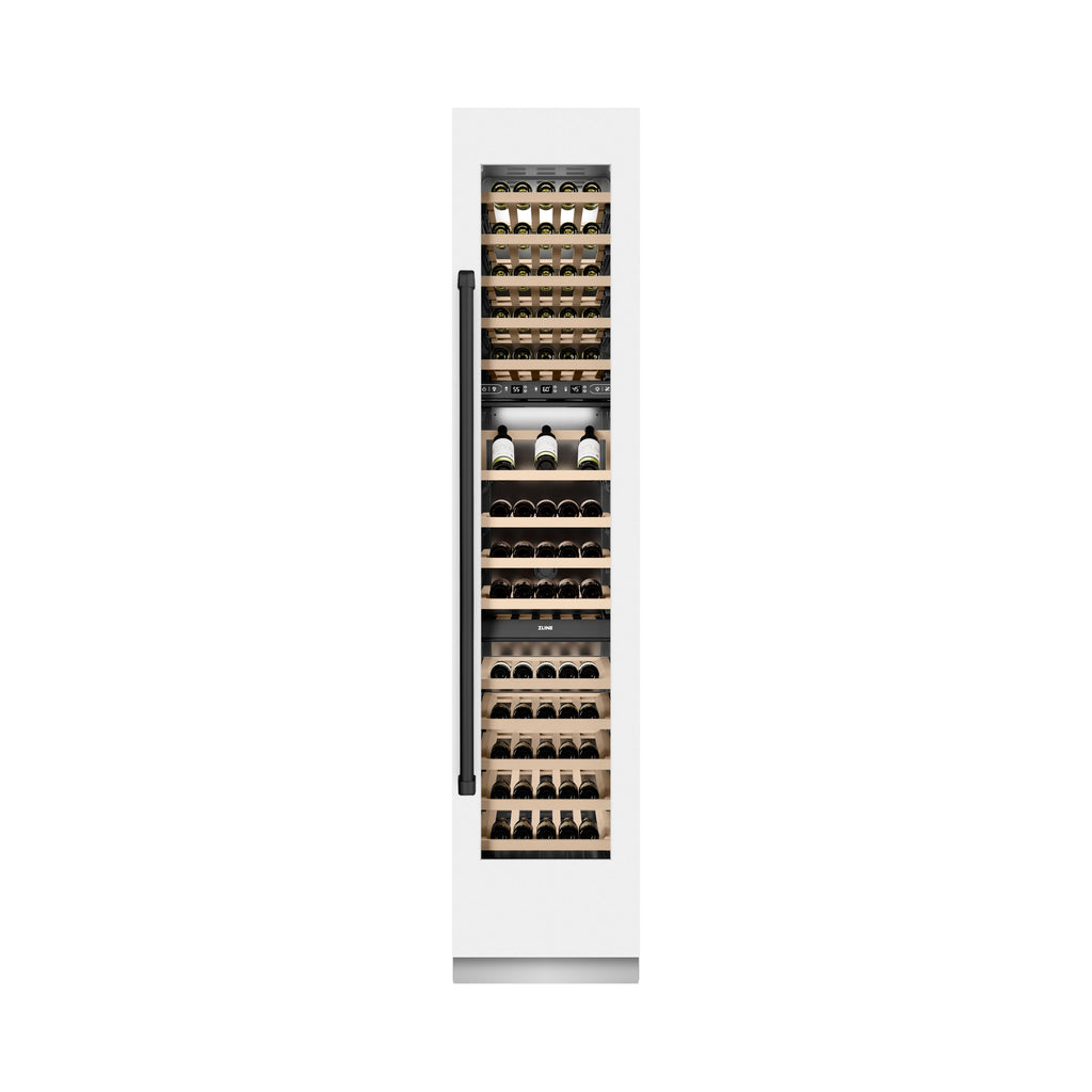 ZLINE Autograph 18" 9.0 cu. ft. Triple Zone 68 Bottle Right Hinge Column Wine Cooler in White Matte with Matte Black Accents, RCWVRZ-WM-18-MB