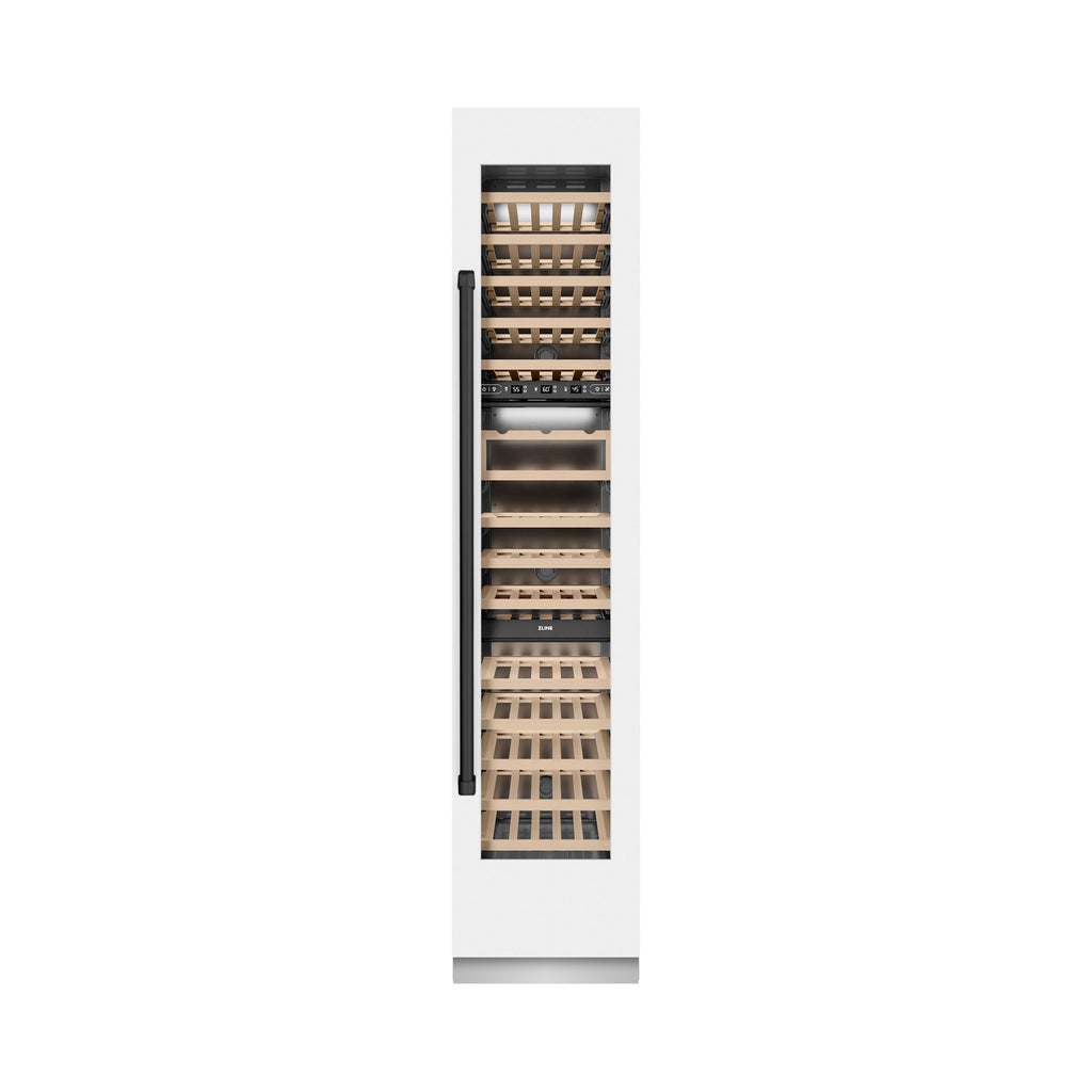 ZLINE Autograph 18" 9.0 cu. ft. Triple Zone 68 Bottle Right Hinge Column Wine Cooler in White Matte with Matte Black Accents, RCWVRZ-WM-18-MB