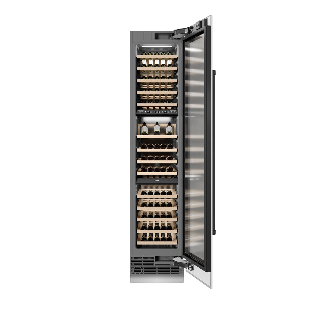 ZLINE Autograph 18" 9.0 cu. ft. Triple Zone 68 Bottle Right Hinge Column Wine Cooler in White Matte with Matte Black Accents, RCWVRZ-WM-18-MB