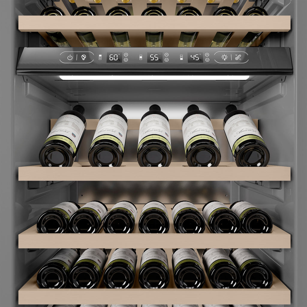 ZLINE Autograph 24" 12.4 cu. ft. Triple Zone 100 Bottle Column Wine Cooler in White Matte and Champagne Bronze Accents, RCWVZ-WM-24-CB