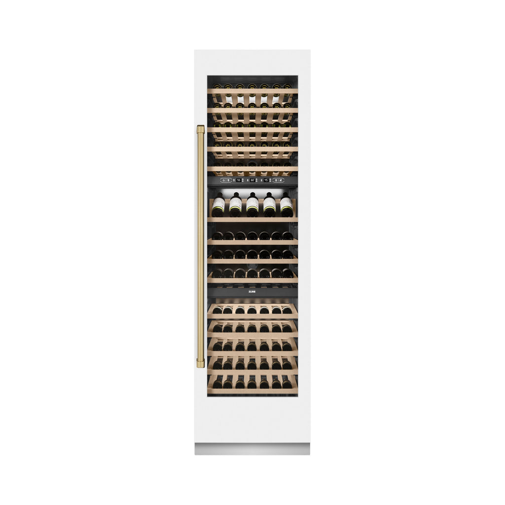 ZLINE Autograph 24" 12.4 cu. ft. Triple Zone 100 Bottle Column Wine Cooler in White Matte and Champagne Bronze Accents, RCWVZ-WM-24-CB