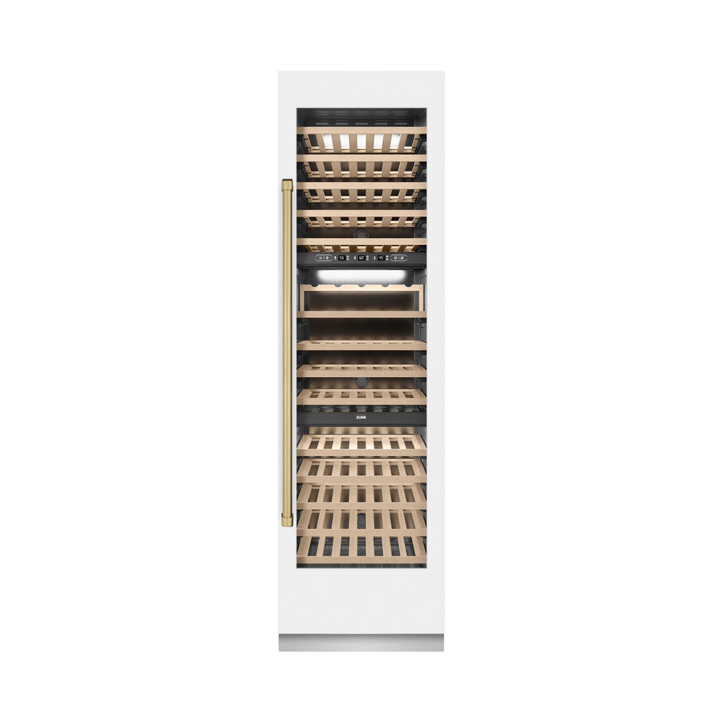 ZLINE Autograph 24" 12.4 cu. ft. Triple Zone 100 Bottle Column Wine Cooler in White Matte and Champagne Bronze Accents, RCWVZ-WM-24-CB