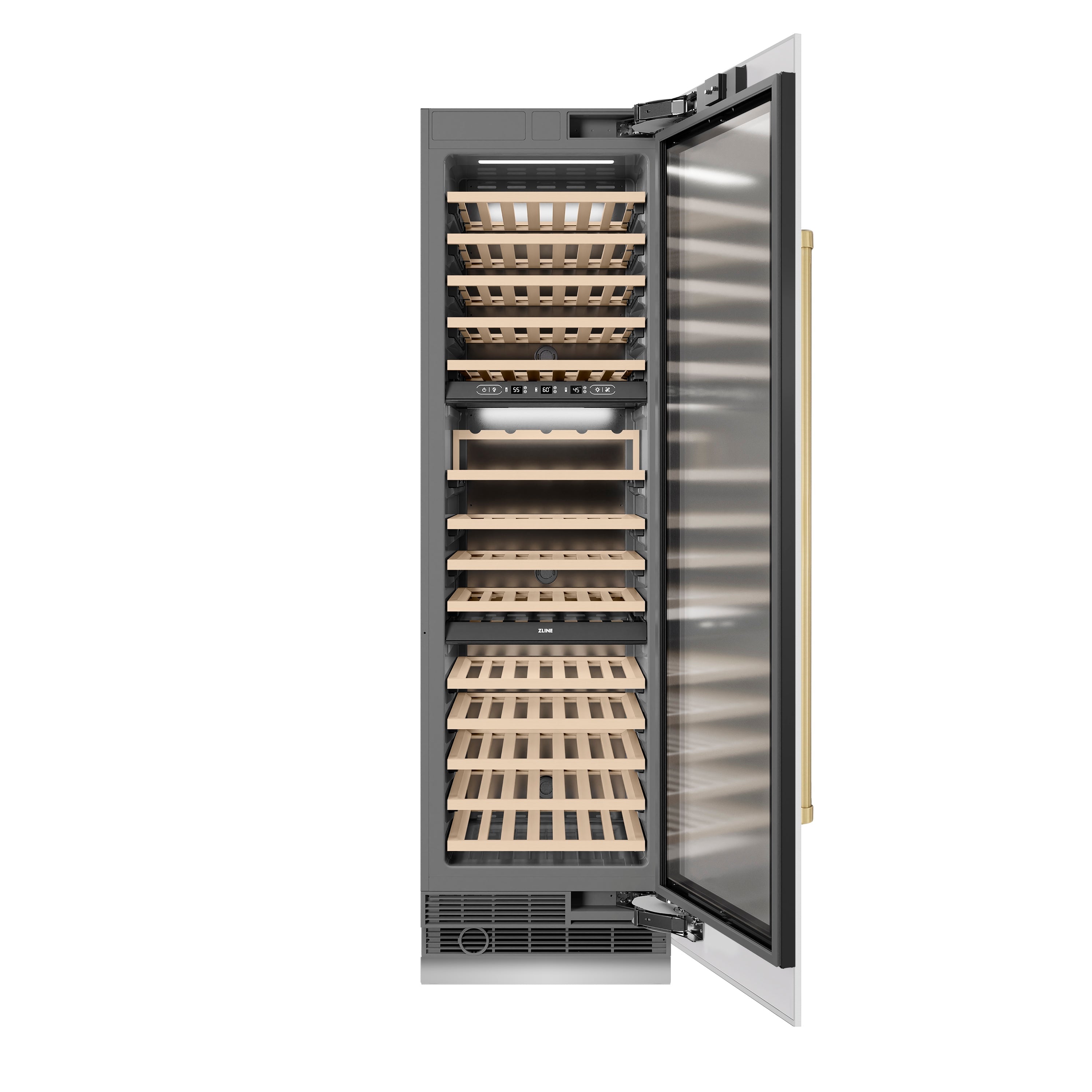 ZLINE Autograph 24" 12.4 cu. ft. Triple Zone 100 Bottle Column Wine Cooler in White Matte and Champagne Bronze Accents, RCWVZ-WM-24-CB