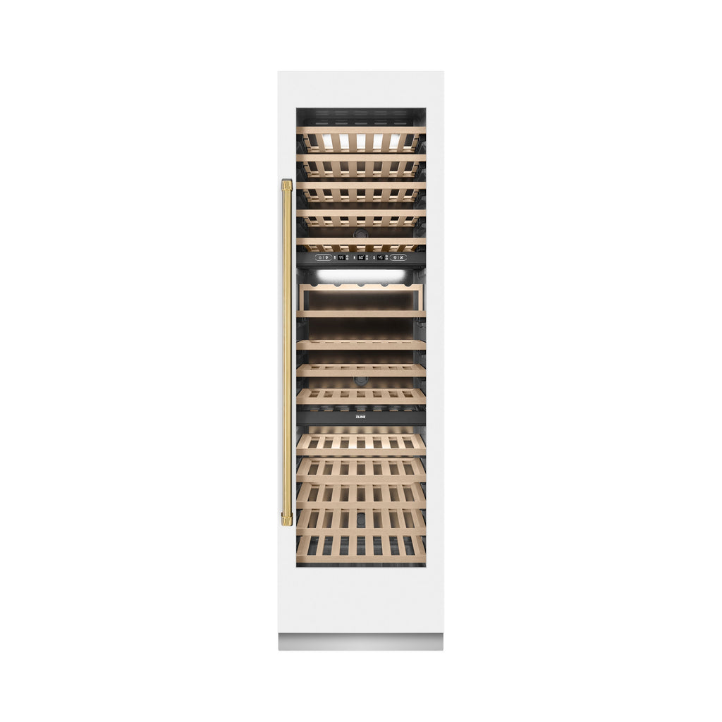 ZLINE Autograph 24" 12.4 cu. ft. Triple Zone 100 Bottle Column Wine Cooler in White Matte and Polished Gold Accents, RCWVZ-WM-24-G