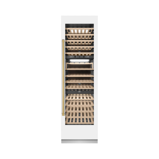 ZLINE Autograph 24" 12.4 cu. ft. Triple Zone 100 Bottle Column Wine Cooler in White Matte and Polished Gold Accents, RCWVZ-WM-24-G