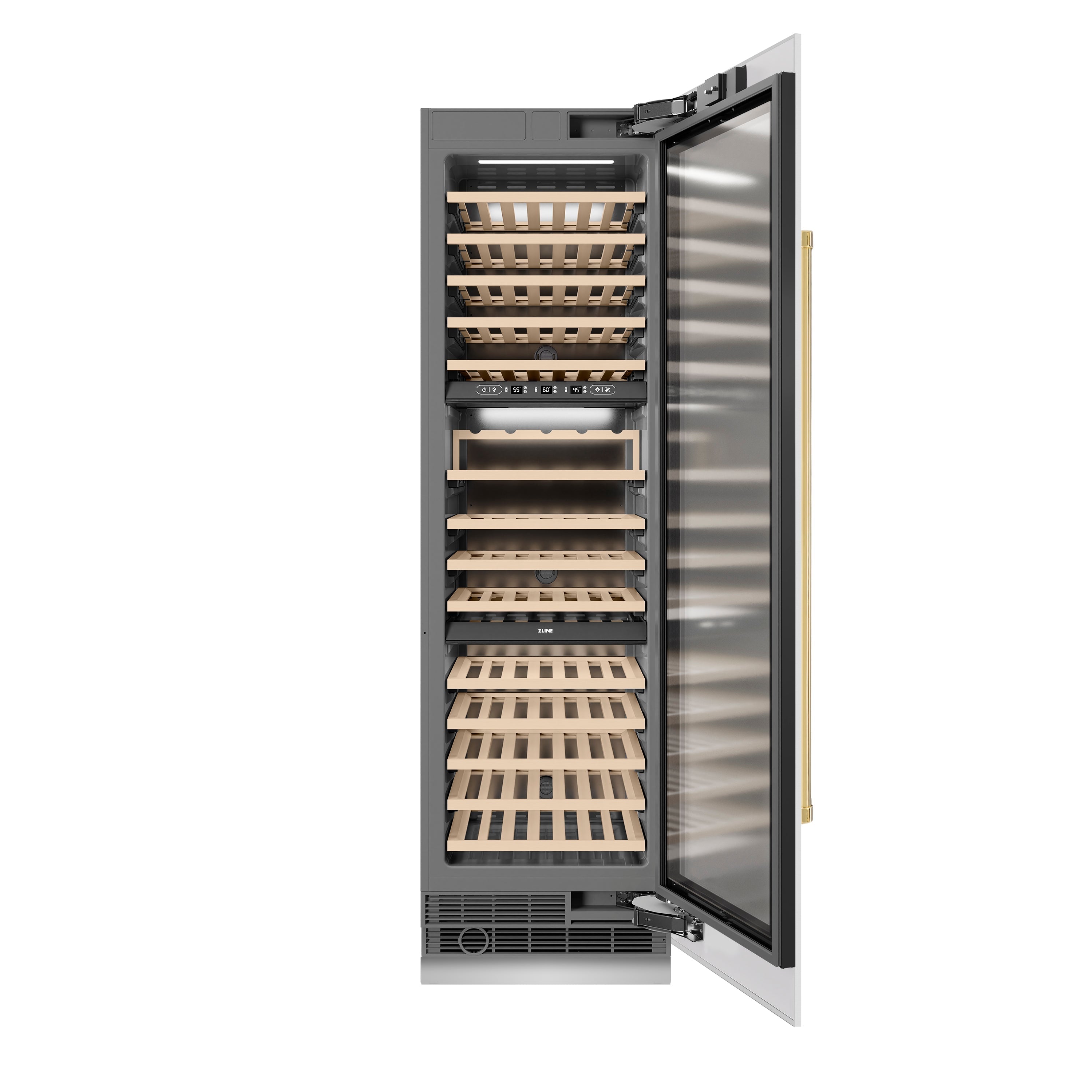 ZLINE Autograph 24" 12.4 cu. ft. Triple Zone 100 Bottle Column Wine Cooler in White Matte and Polished Gold Accents, RCWVZ-WM-24-G