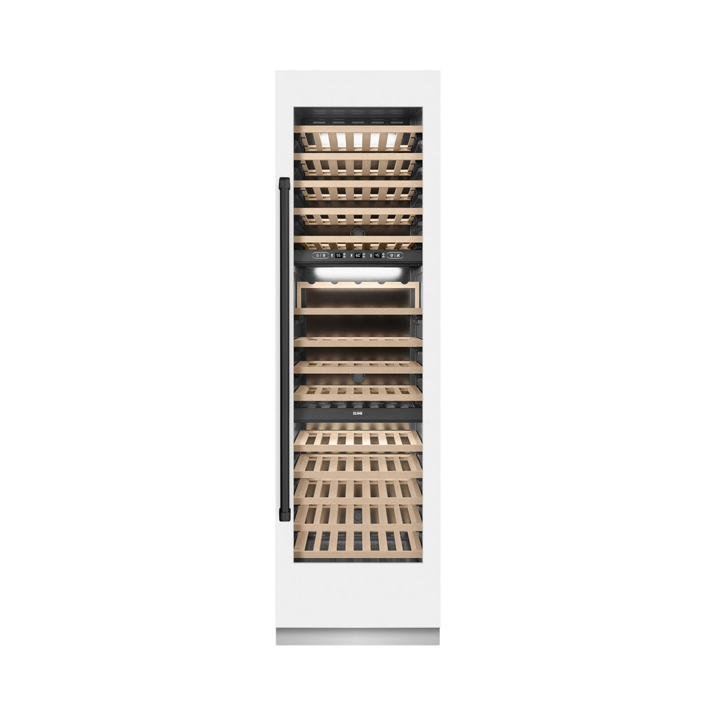ZLINE Autograph 24" 12.4 cu. ft. Triple Zone 100 Bottle Column Wine Cooler in White Matte and Matte Black Accents, RCWVZ-WM-24-MB