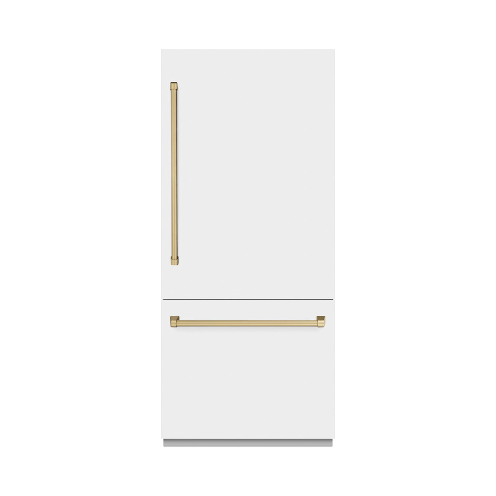 ZLINE 36" Built-In Bottom Freezer Refrigerator 19.8 cu. ft. Water Dispenser Ice Maker White Matte Graphite Gray Interior Champagne Bronze Accents (GRBITZ-WM-36-CB)