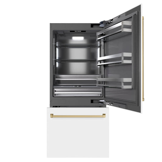 ZLINE 36" Built-In Bottom Freezer Refrigerator 19.8 cu. ft. Water Dispenser Ice Maker White Matte Graphite Gray Interior Champagne Bronze Accents (GRBITZ-WM-36-CB)