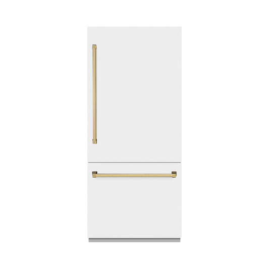 ZLINE 36 in. Built-In Bottom Freezer Refrigerator 19.8 Cu. Ft. Water Dispenser Ice Maker White Matte Polished Gold Accents (GRBITZ-WM-36-G)