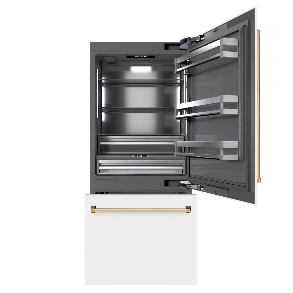 ZLINE 36 in. Built-In Bottom Freezer Refrigerator 19.8 Cu. Ft. Water Dispenser Ice Maker White Matte Polished Gold Accents (GRBITZ-WM-36-G)