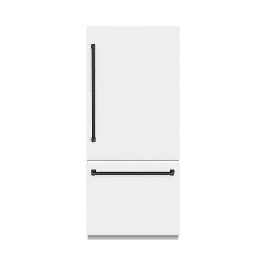 ZLINE 36 in. Built-In Bottom Freezer Refrigerator, 19.8 cu. ft., Water Dispenser, Ice Maker, White Matte, Graphite Gray Interior, Matte Black Accents (GRBITZ-WM-36-MB)