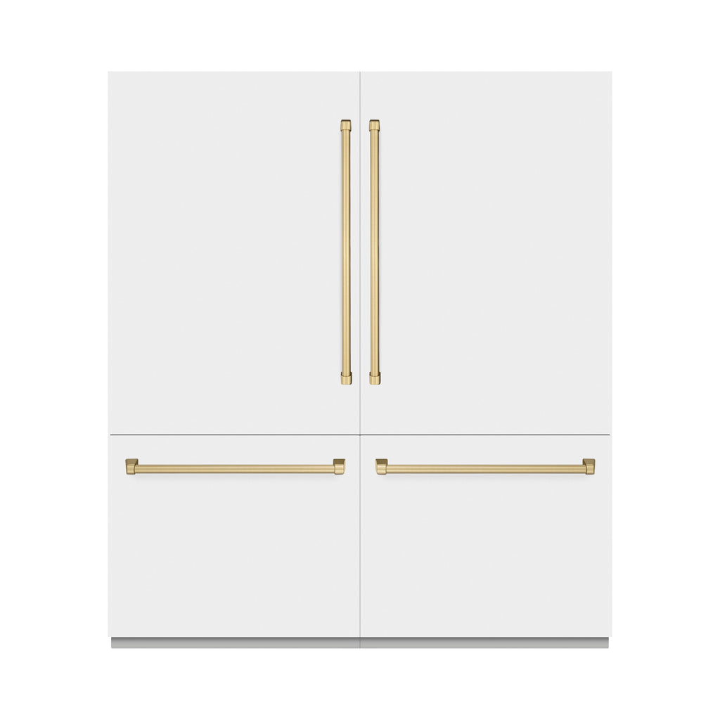 ZLINE 72 in. French Door Built-In Bottom Freezer Refrigerator 39.6 cu. ft. Water Dispensers, Ice Makers, White Matte, Champagne Bronze Accents (GRBITZ-WM-72-CB)