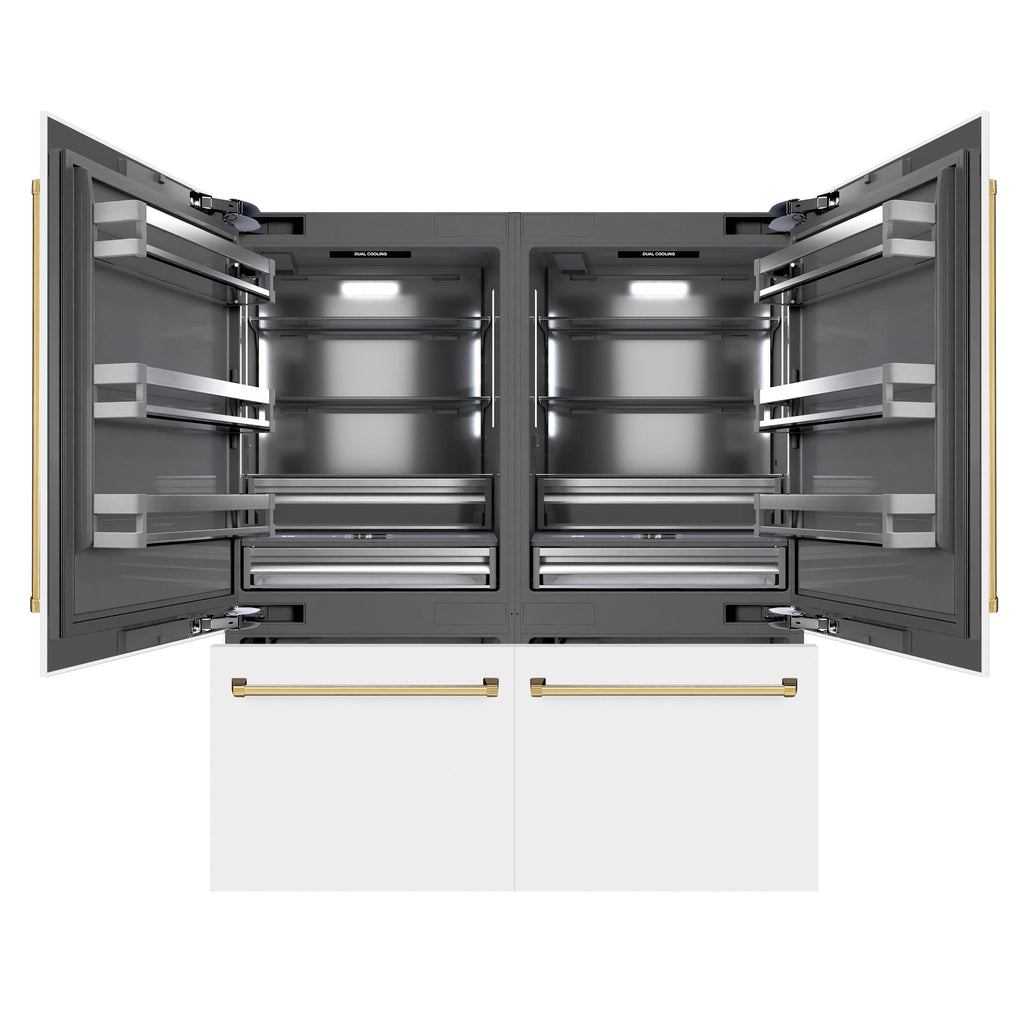 ZLINE 72 in. French Door Built-In Bottom Freezer Refrigerator 39.6 cu. ft. Water Dispensers Ice Makers White Matte Polished Gold Accents (GRBITZ-WM-72-G)