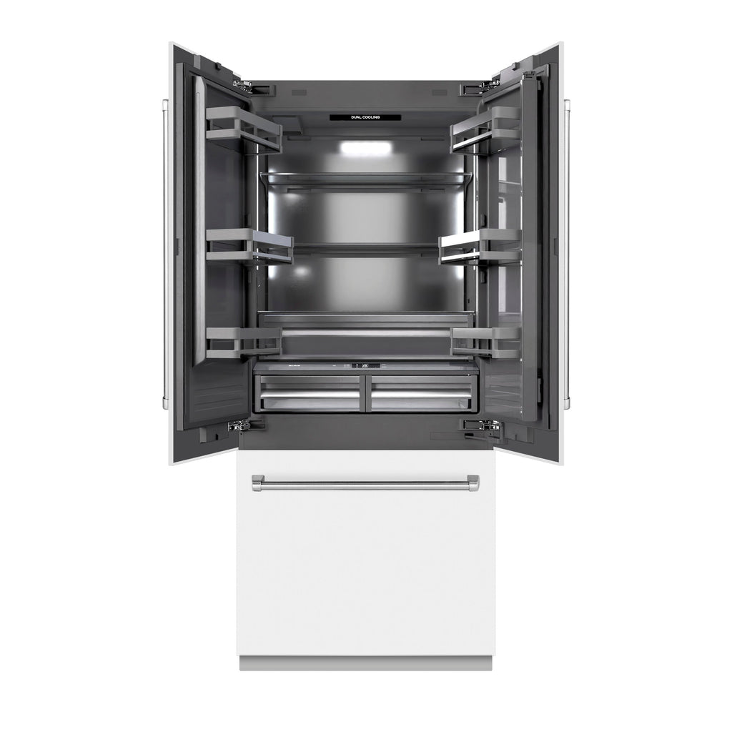 ZLINE 36 in. French Door Built-In Bottom Freezer Refrigerator 19.6 Cu. Ft. Water Dispenser Ice Maker White Matte Graphite Gray Interior (GRBIV-WM-36)