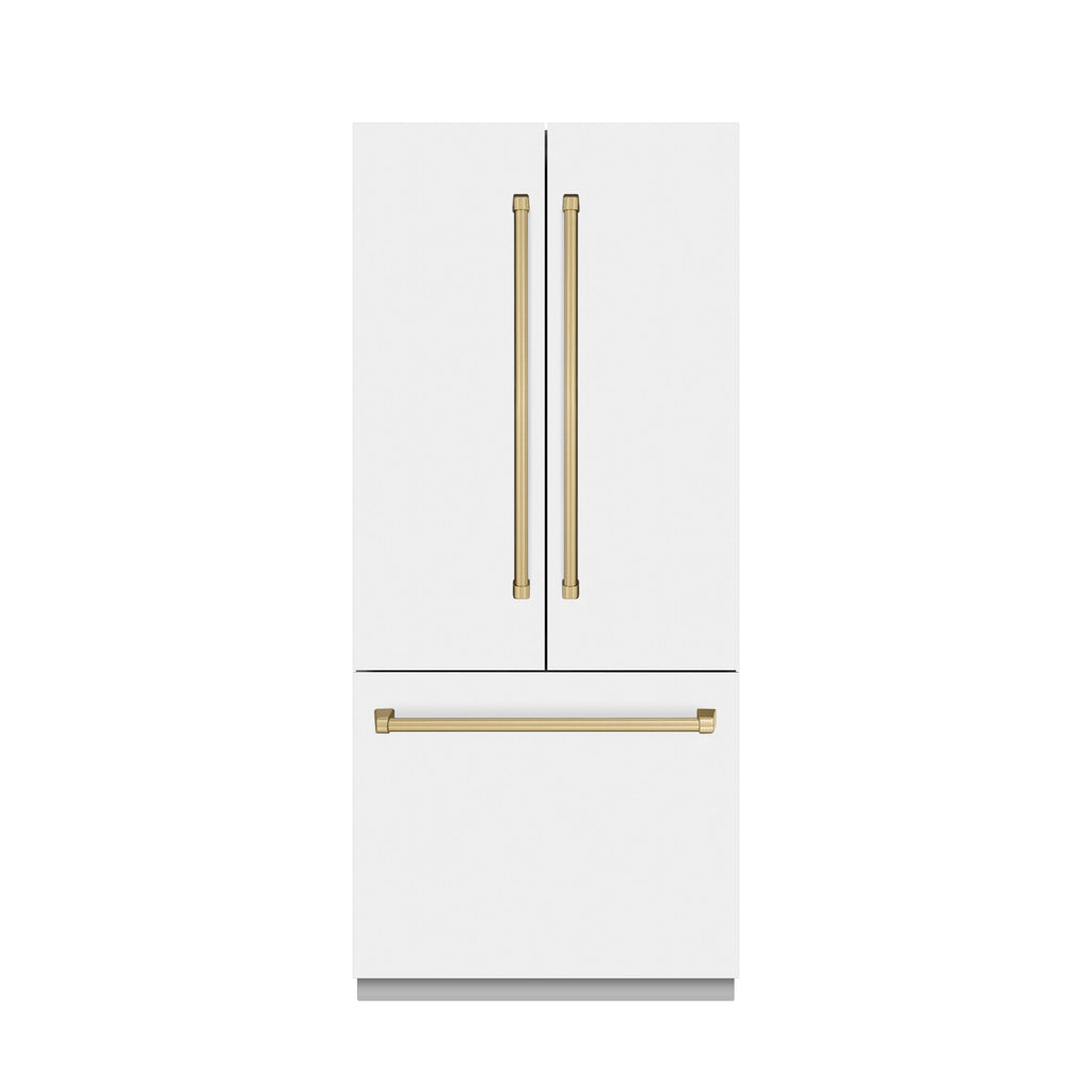 ZLINE 36 in. French Door Built-In Bottom Freezer Refrigerator 19.6 Cu. Ft. Water Dispenser Ice Maker White Matte Graphite Gray Interior Champagne Bronze Accents (GRBIVZ-WM-36-CB)