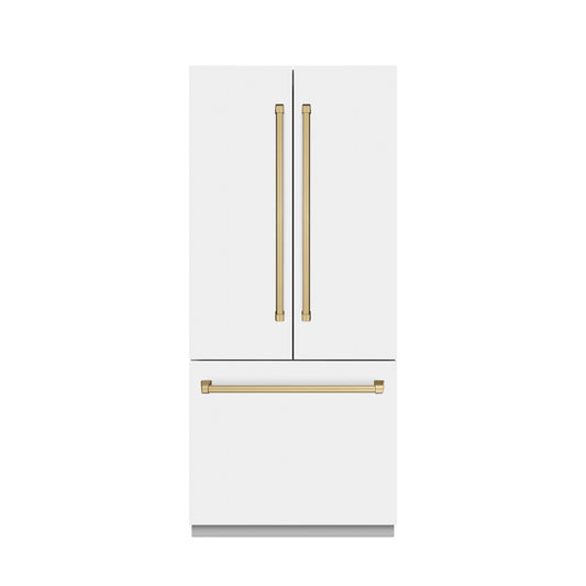 ZLINE 36 in. French Door Built-In Bottom Freezer Refrigerator 19.6 Cu. Ft. Water Dispenser Ice Maker White Matte Graphite Gray Interior Champagne Bronze Accents (GRBIVZ-WM-36-CB)