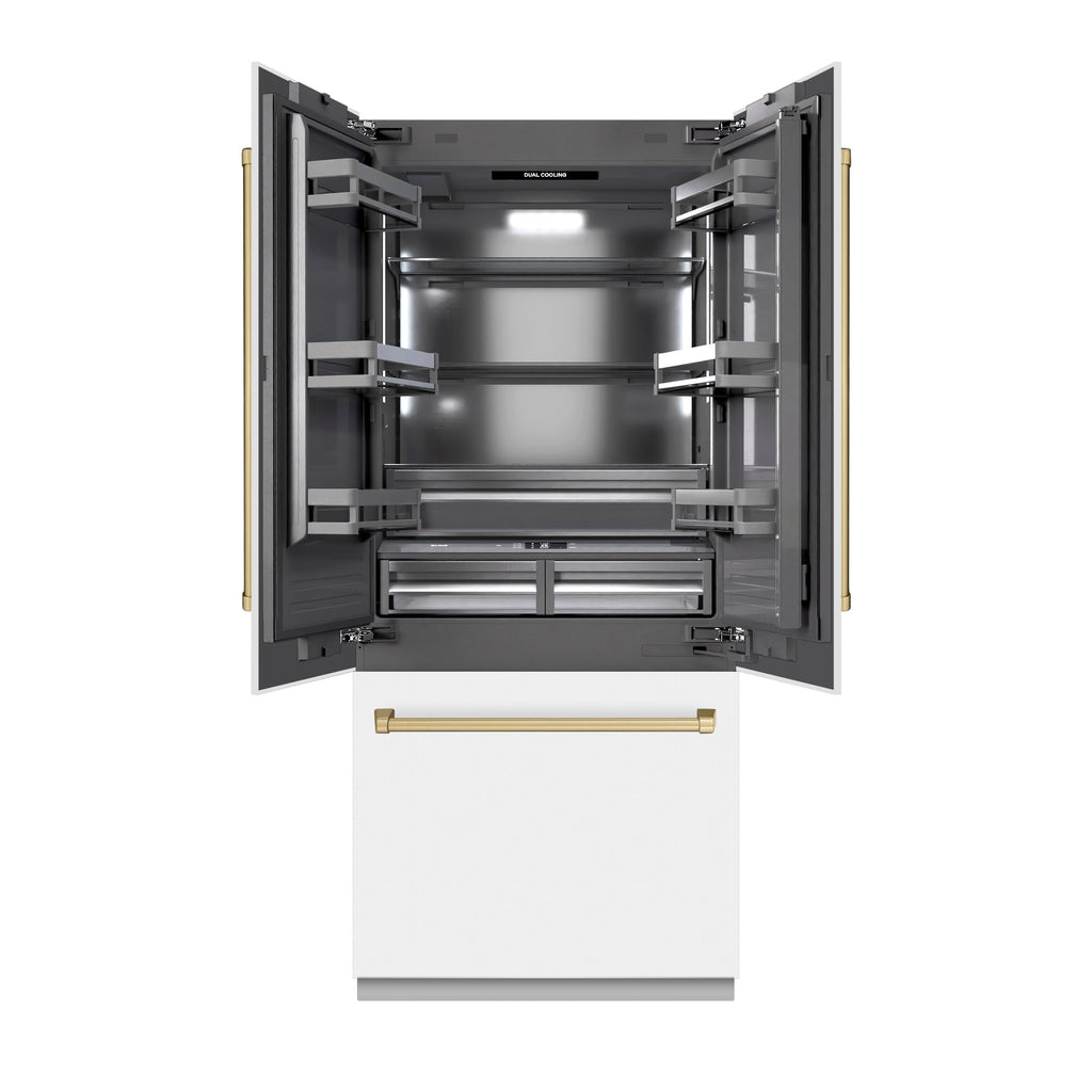 ZLINE 36 in. French Door Built-In Bottom Freezer Refrigerator 19.6 Cu. Ft. Water Dispenser Ice Maker White Matte Graphite Gray Interior Champagne Bronze Accents (GRBIVZ-WM-36-CB)