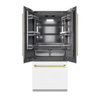 ZLINE 36 in. French Door Built-In Bottom Freezer Refrigerator 19.6 Cu. Ft. Water Dispenser Ice Maker White Matte Graphite Gray Interior Champagne Bronze Accents (GRBIVZ-WM-36-CB)