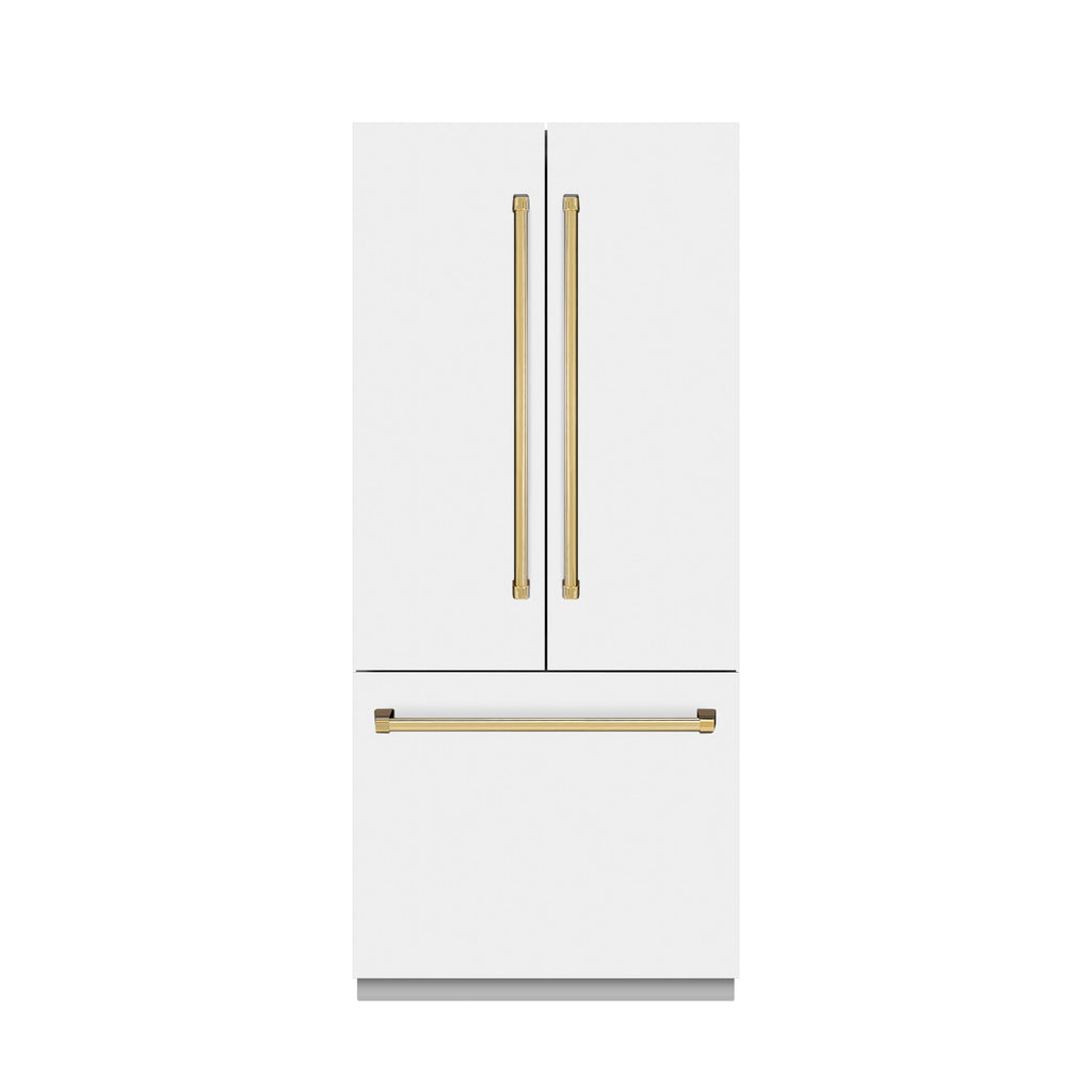 ZLINE 36 in. French Door Built-In Bottom Freezer Refrigerator 19.6 cu. ft. Water Dispenser Ice Maker White Matte Graphite Gray Interior Polished Gold Accents (GRBIVZ-WM-36-G)