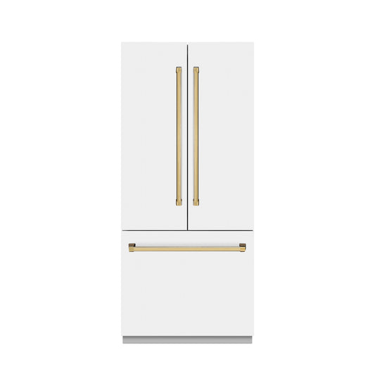 ZLINE 36 in. French Door Built-In Bottom Freezer Refrigerator 19.6 cu. ft. Water Dispenser Ice Maker White Matte Graphite Gray Interior Polished Gold Accents (GRBIVZ-WM-36-G)