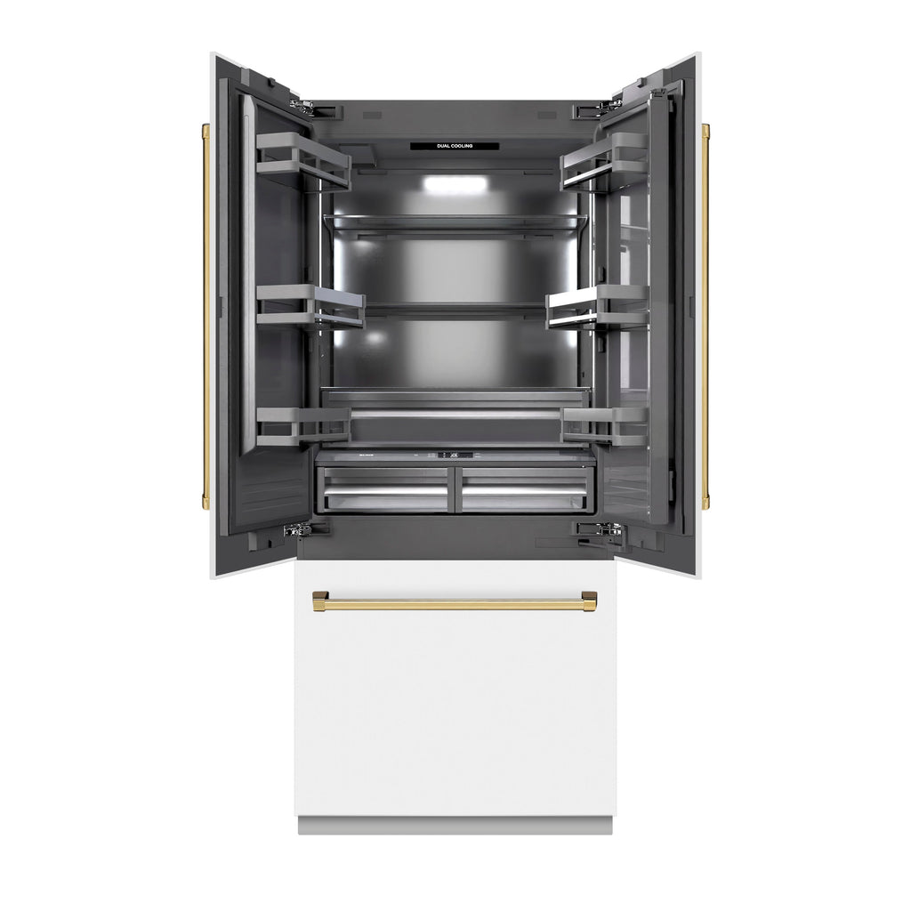 ZLINE 36 in. French Door Built-In Bottom Freezer Refrigerator 19.6 cu. ft. Water Dispenser Ice Maker White Matte Graphite Gray Interior Polished Gold Accents (GRBIVZ-WM-36-G)