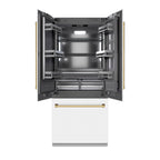 ZLINE 36 in. French Door Built-In Bottom Freezer Refrigerator 19.6 cu. ft. Water Dispenser Ice Maker White Matte Graphite Gray Interior Polished Gold Accents (GRBIVZ-WM-36-G)