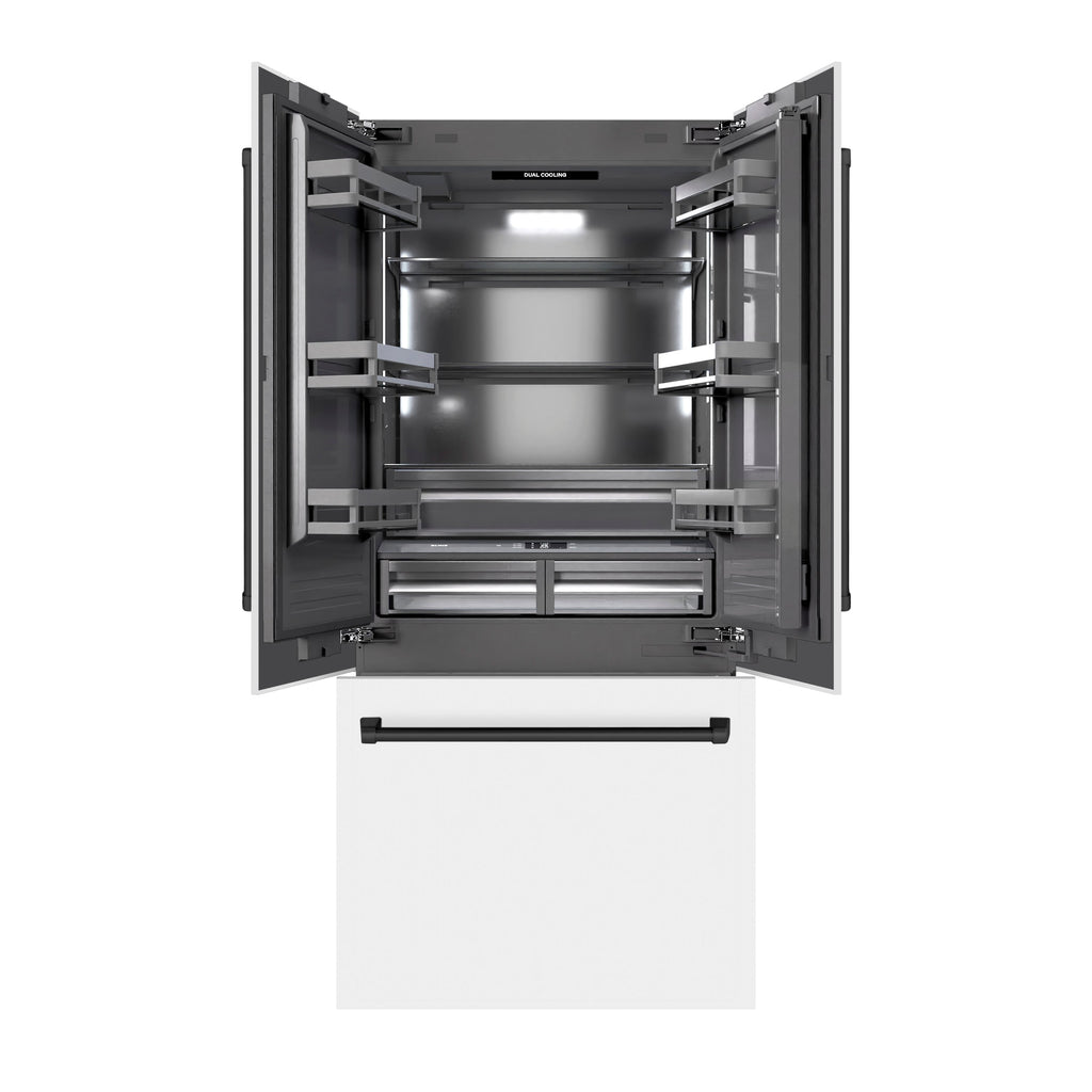 ZLINE 36-Inch Built-In French Door Refrigerator 19.6 Cu. Ft. Bottom Freezer Water Dispenser Ice Maker White Matte Matte Black Accents (GRBIVZ-WM-36-MB)