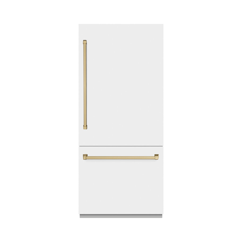 ZLINE 36 in. Built-In Bottom Freezer Refrigerator 19.8 cu. ft. Water Dispenser Ice Maker White Matte Champagne Bronze (RBITZ-WM-36-CB)