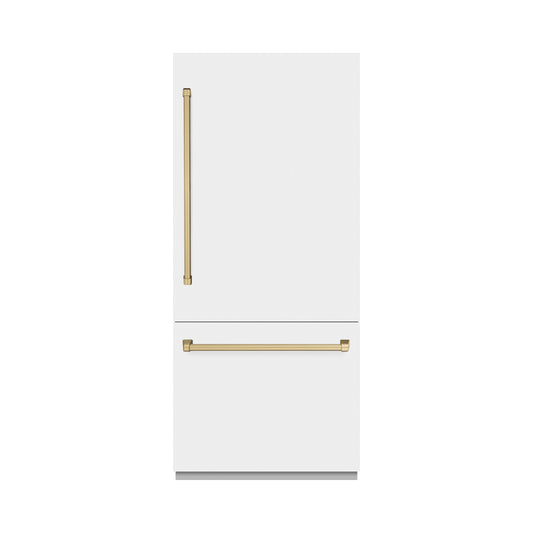 ZLINE 36 in. Built-In Bottom Freezer Refrigerator 19.8 cu. ft. Water Dispenser Ice Maker White Matte Champagne Bronze (RBITZ-WM-36-CB)