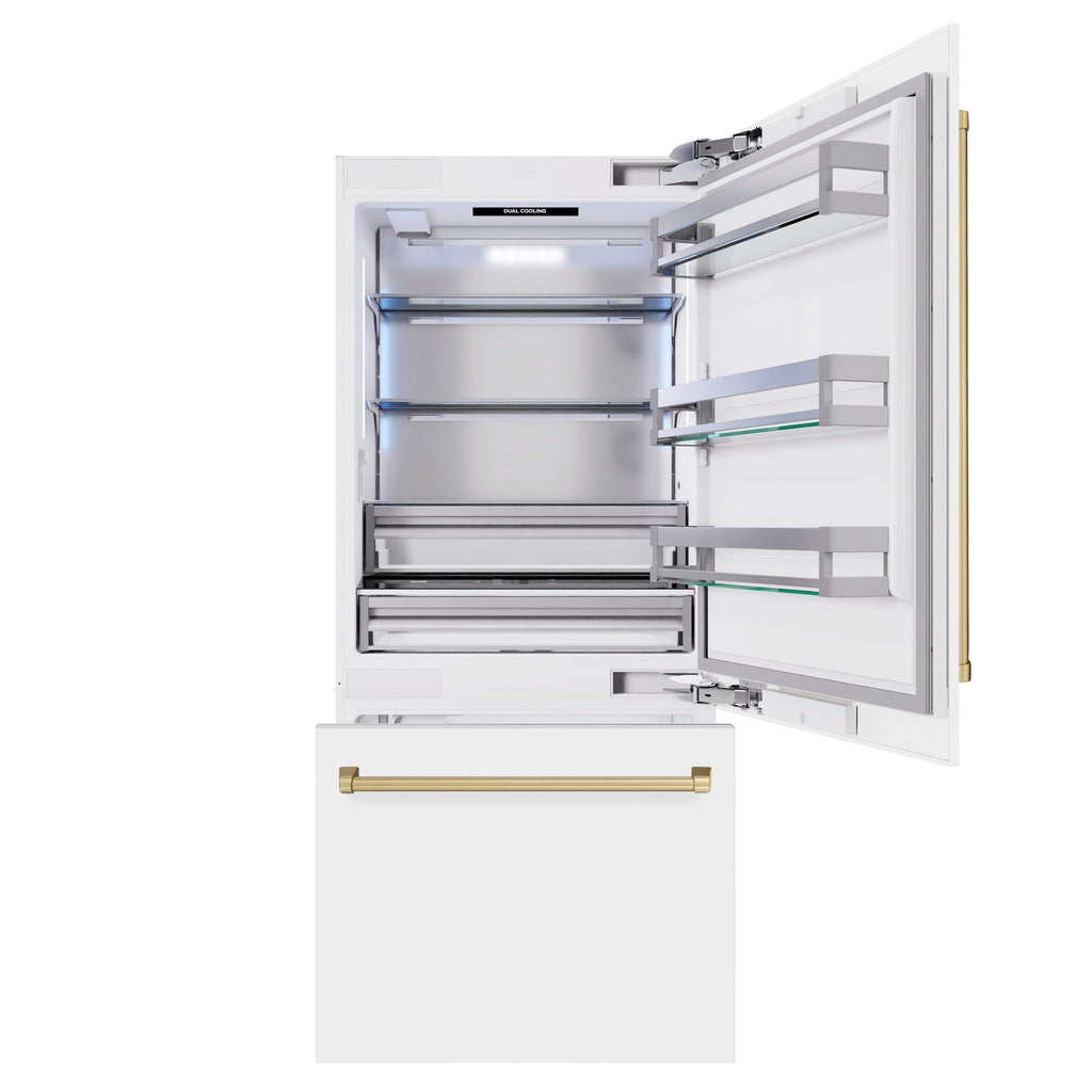 ZLINE 36 in. Built-In Bottom Freezer Refrigerator 19.8 cu. ft. Water Dispenser Ice Maker White Matte Champagne Bronze (RBITZ-WM-36-CB)