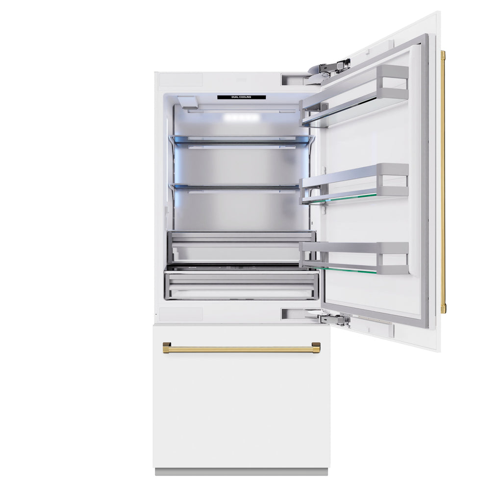 ZLINE 36" Built-In Bottom Freezer Refrigerator 19.8 cu. ft. Water Dispenser Ice Maker White Matte Polished Gold Accents (RBITZ-WM-36-G)