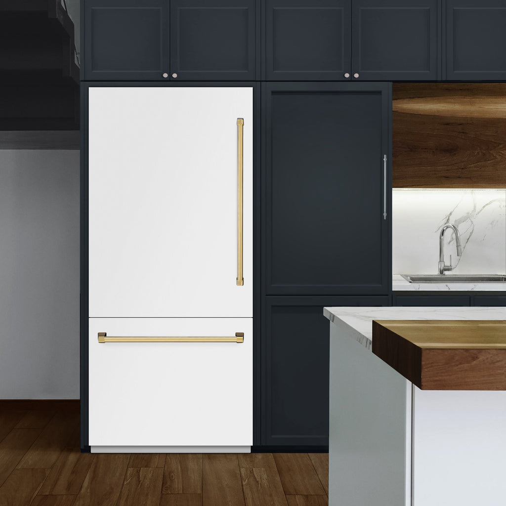 ZLINE 36" Built-In Bottom Freezer Refrigerator 19.8 cu. ft. Water Dispenser Ice Maker White Matte Polished Gold Accents (RBITZ-WM-36-G)