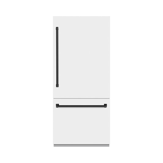 ZLINE 36 in. Built-In Bottom Freezer Refrigerator 19.8 Cu. Ft. White Matte with Water Dispenser, Ice Maker, Matte Black Accents (RBITZ-WM-36-MB)