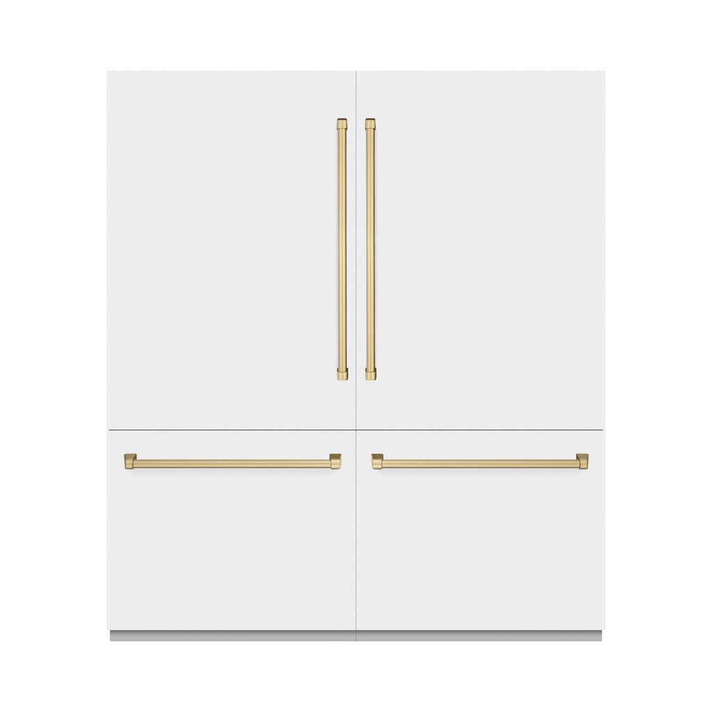 ZLINE 72 in. Built-In French Door Bottom Freezer Refrigerator 39.6 cu. ft. White Matte with Water Dispensers, Ice Makers, Champagne Bronze Accents (RBITZ-WM-72-CB)